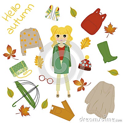 Illustration of a girl in autumn clothes Stock Photo